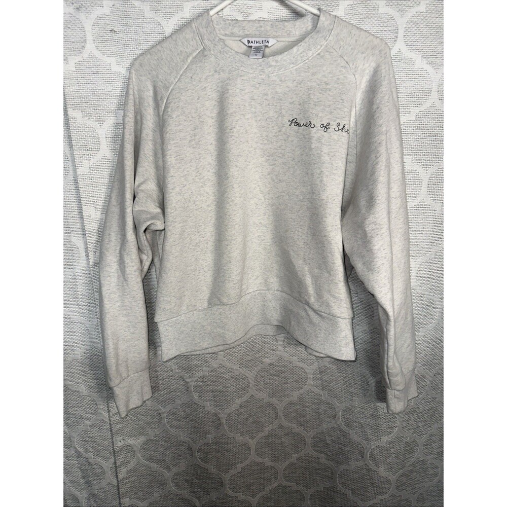 Athleta Power of She Crew Sweatshirt Cream Bone Embroidered Fleece Womens M